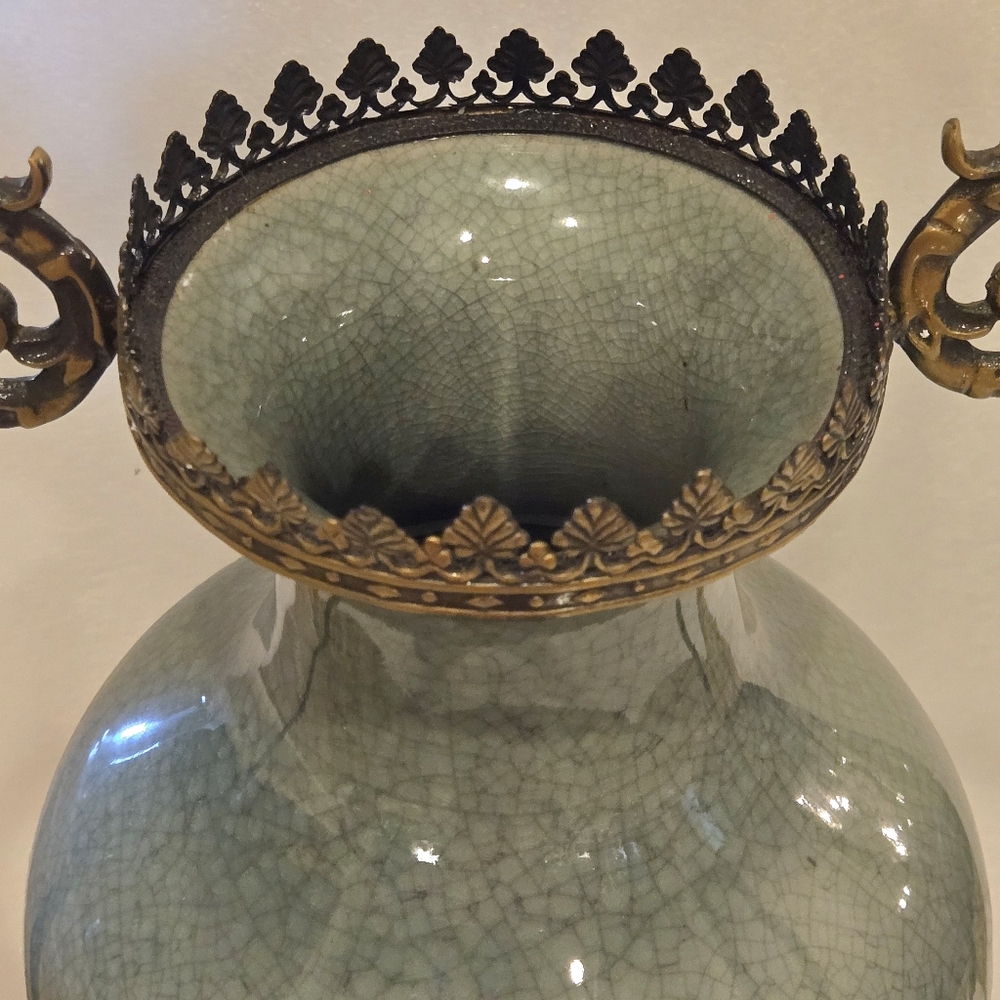 Antique Style Celadon Crackle Vase Ormolu Bronze Handles Base French Rococo 17” - Picture 7 of 11